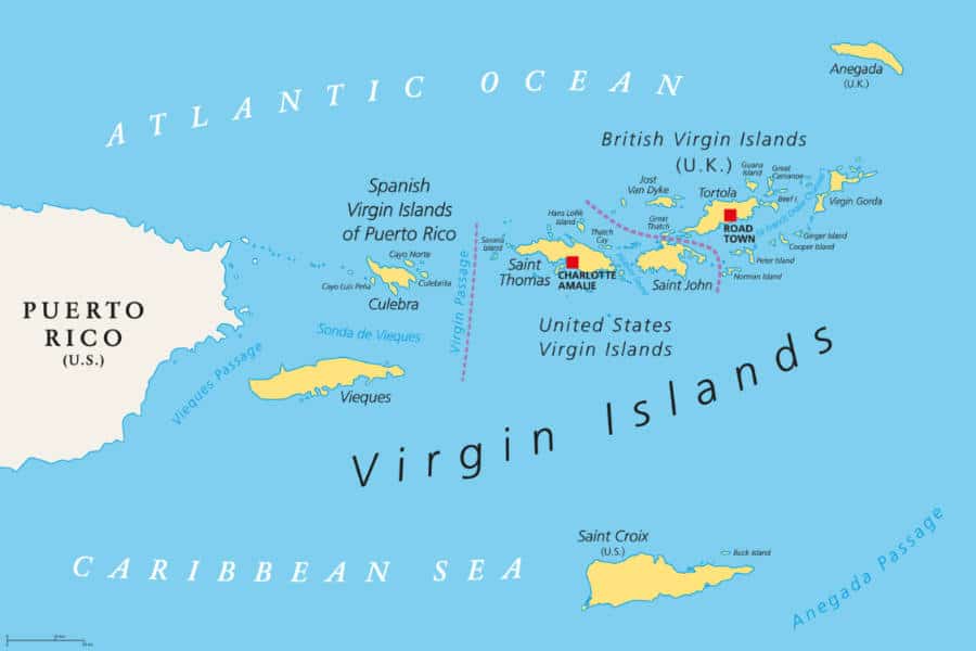British, Spanish and United States Virgin Islands political map