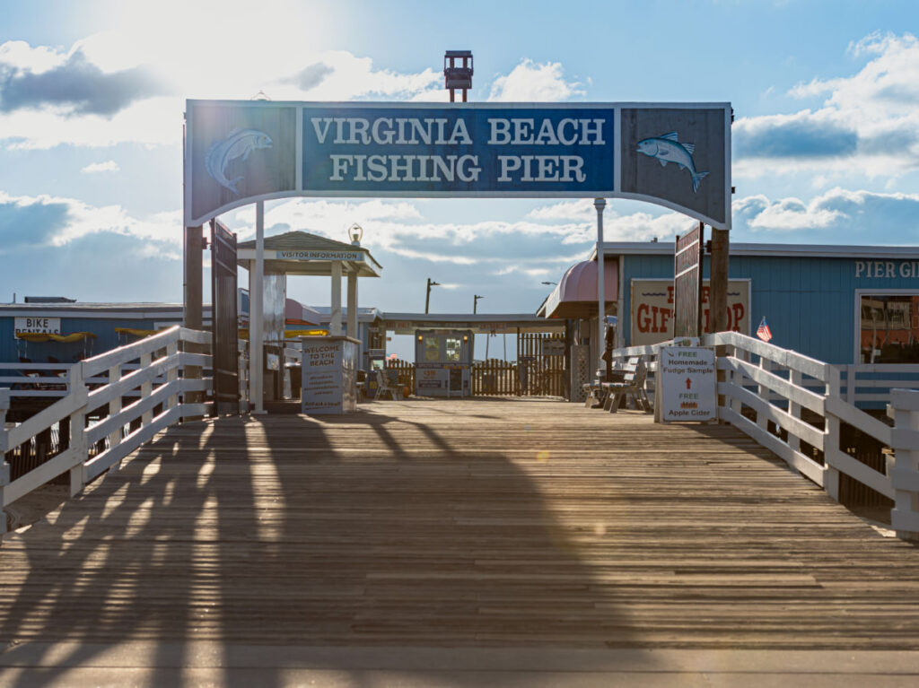 View of the Virginia Beach Fishing Pier's sign at Virginia Beach Boardwalk
