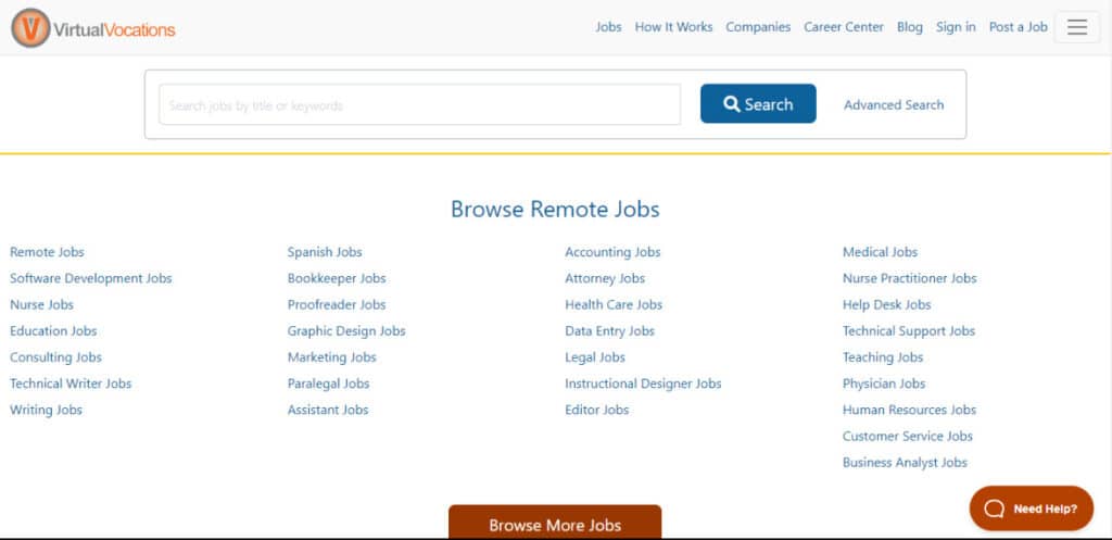 View of the homepage of Virtual Vocations