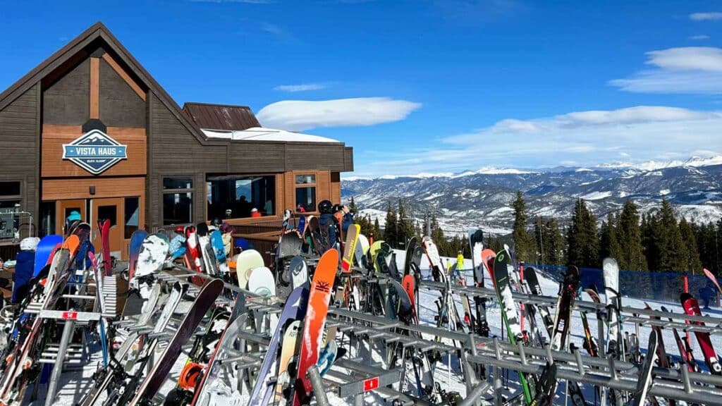 Ski boards displayed outside the Vista Haus