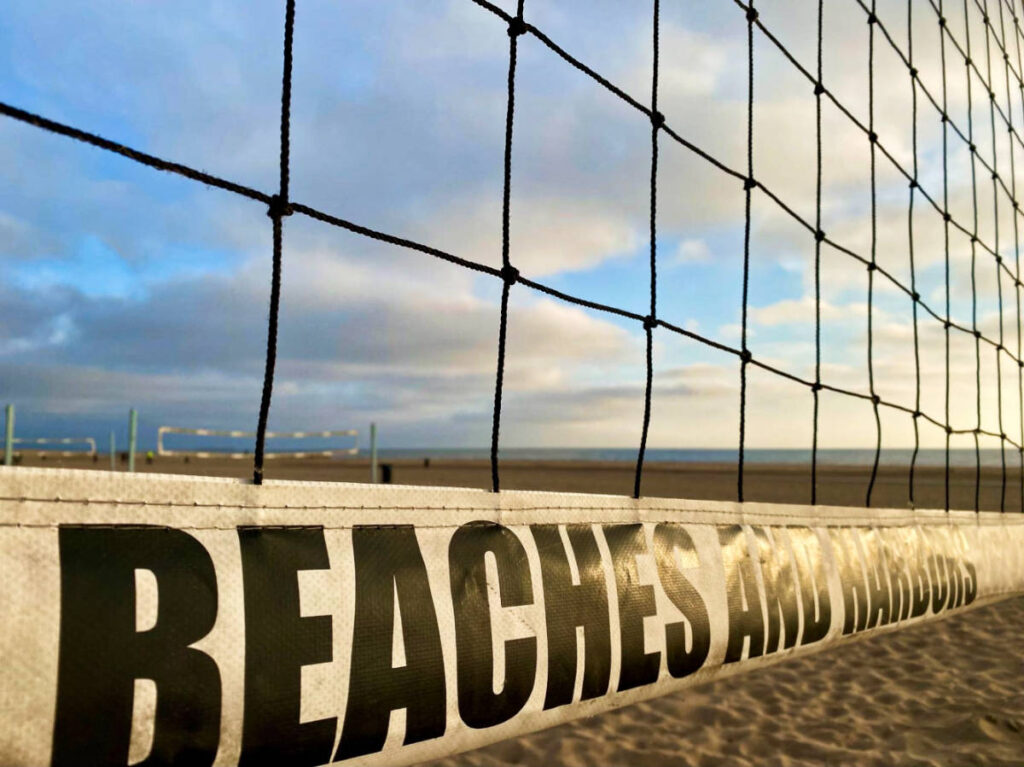 Closeup look of the beach volleyball net in Redondo