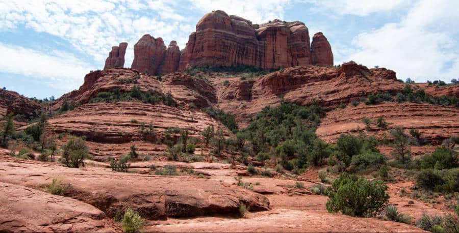 View of the Cathedral Rock formations from below