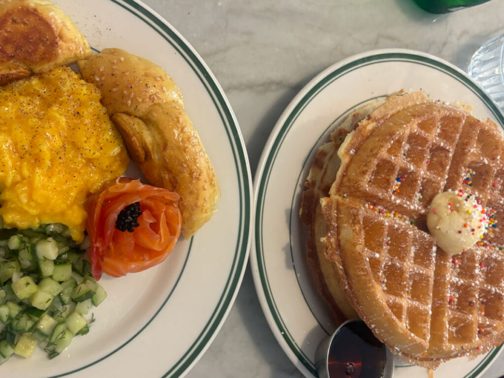 Plates of Confetti waffles and the latke smorgasbord