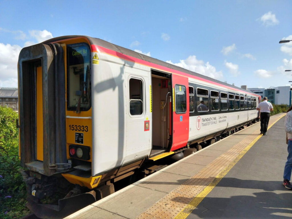 The Wales train on the tracks in Cardiff