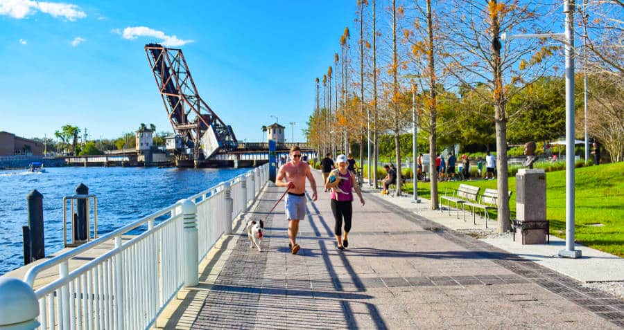 People with their pets walking at the riverwalk in Channelside
