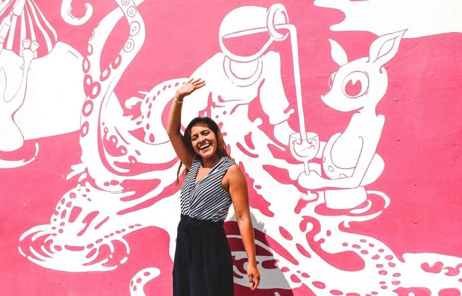 View of the author's wife and a pink and white wall art on her background