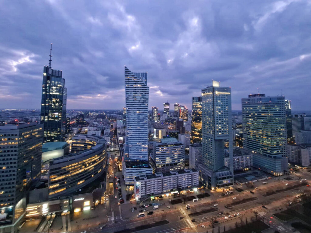 Overlooking view of Warsaw at night