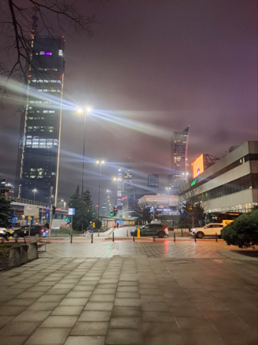 View of the streets in Warsaw on a foggy night