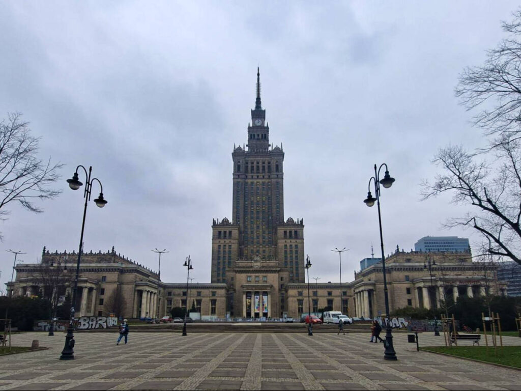 Panoramic view of the Palace of Art and Culture on a gloomy day