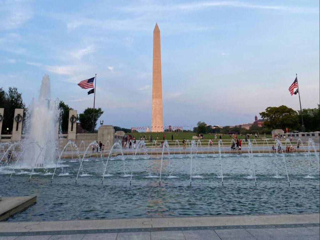 View of the Washington Monument from the Reflecting Pool at sunset