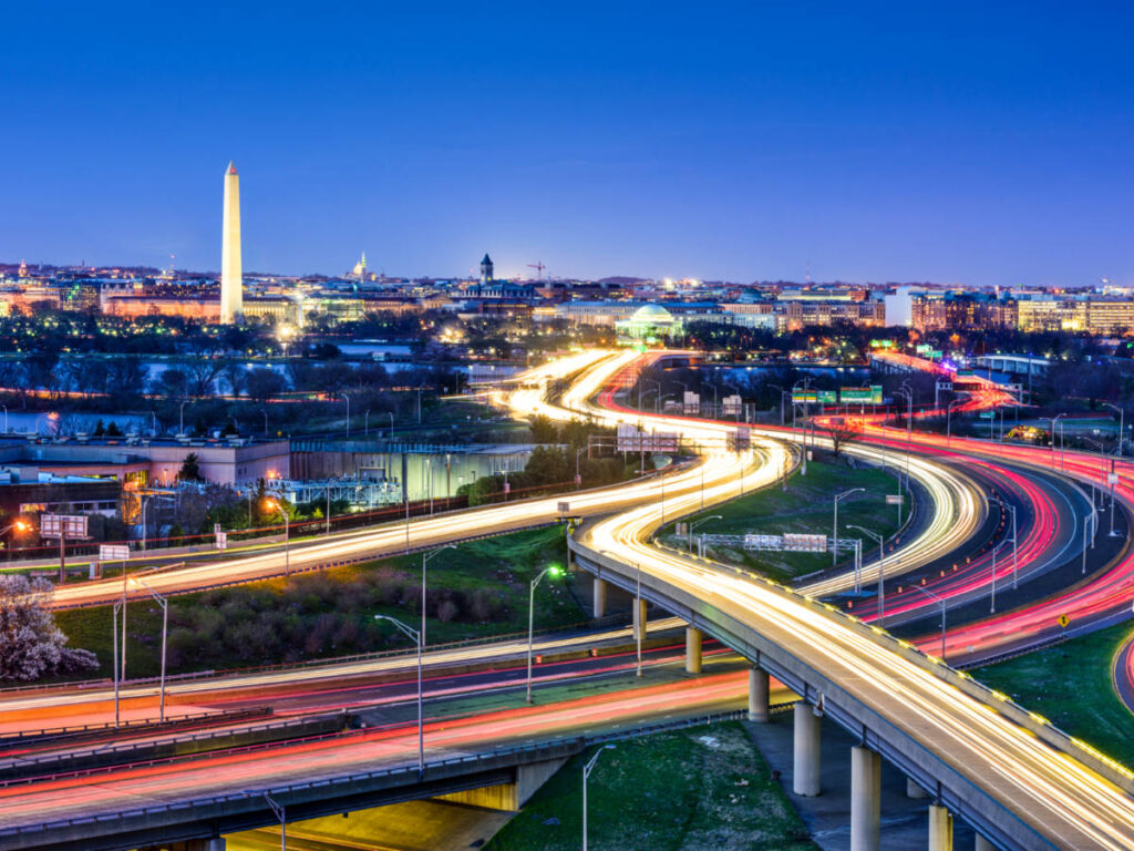 Aerial view of the Washington skyline and highway at night