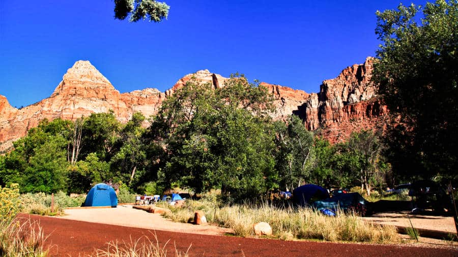 View of the camping tents at the Watchman Campground in Zion National Park