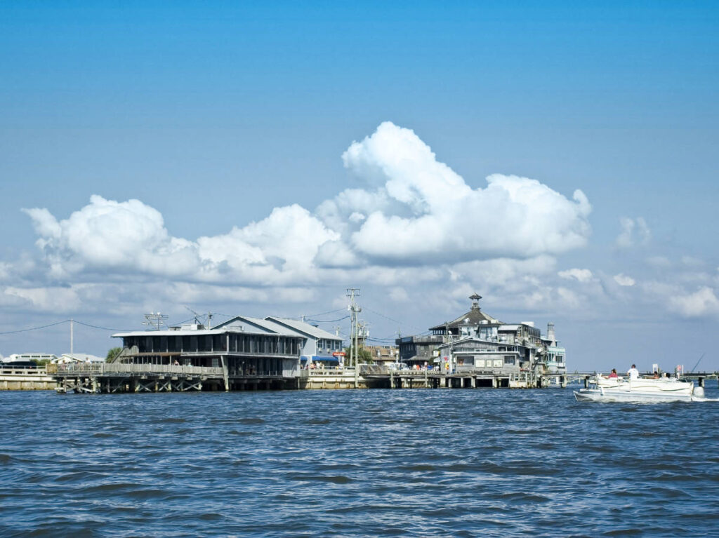 Panoramic view of the town of Cedar Key from across the water