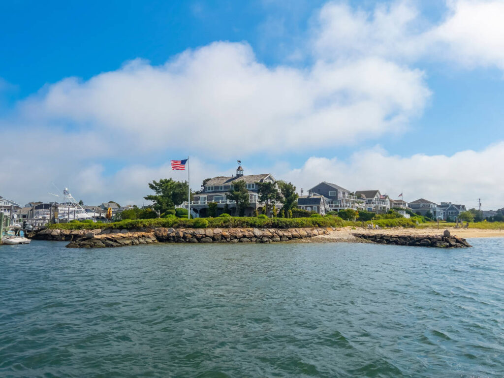 Blue sky over the waterfront houses in Hyannis