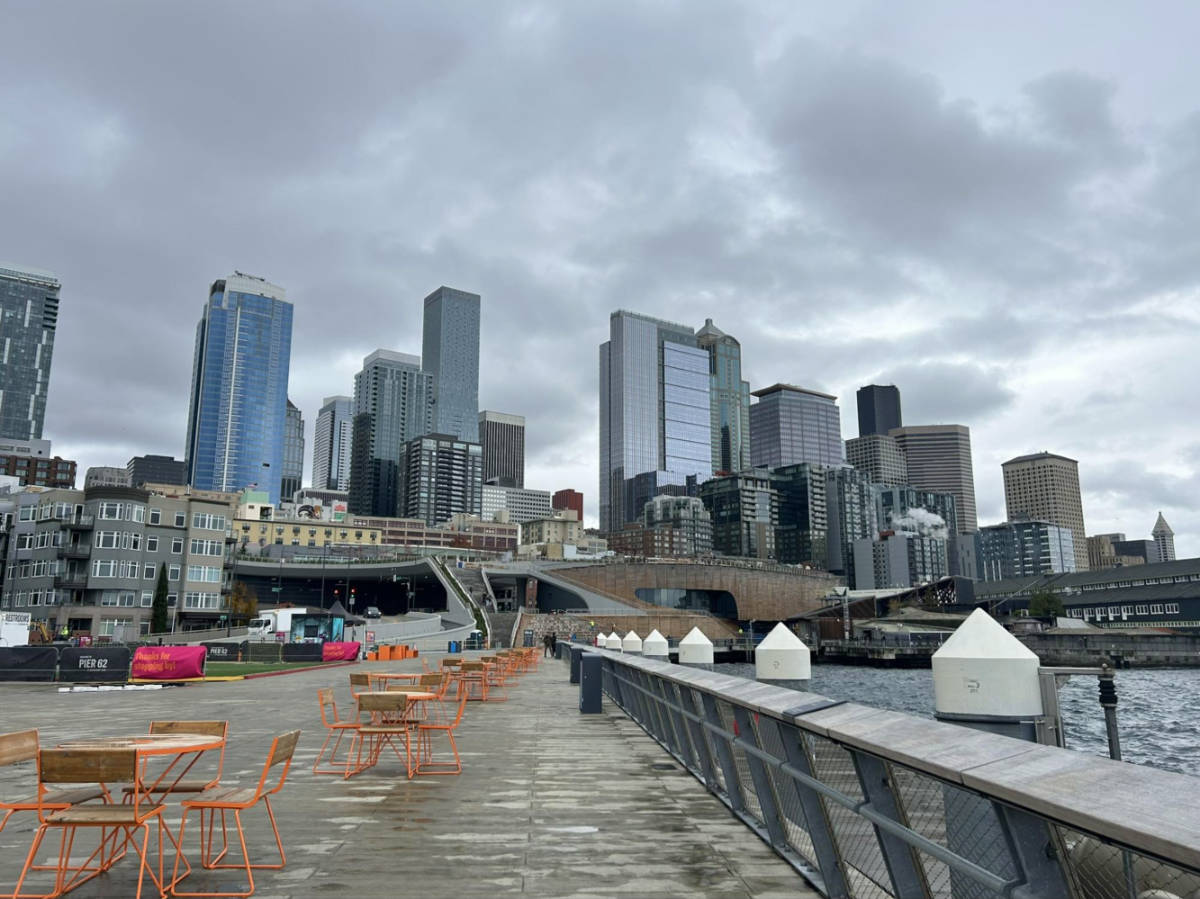 View downtown and the Pike Place Market Overlook Walk from the waterfront at Pier 62