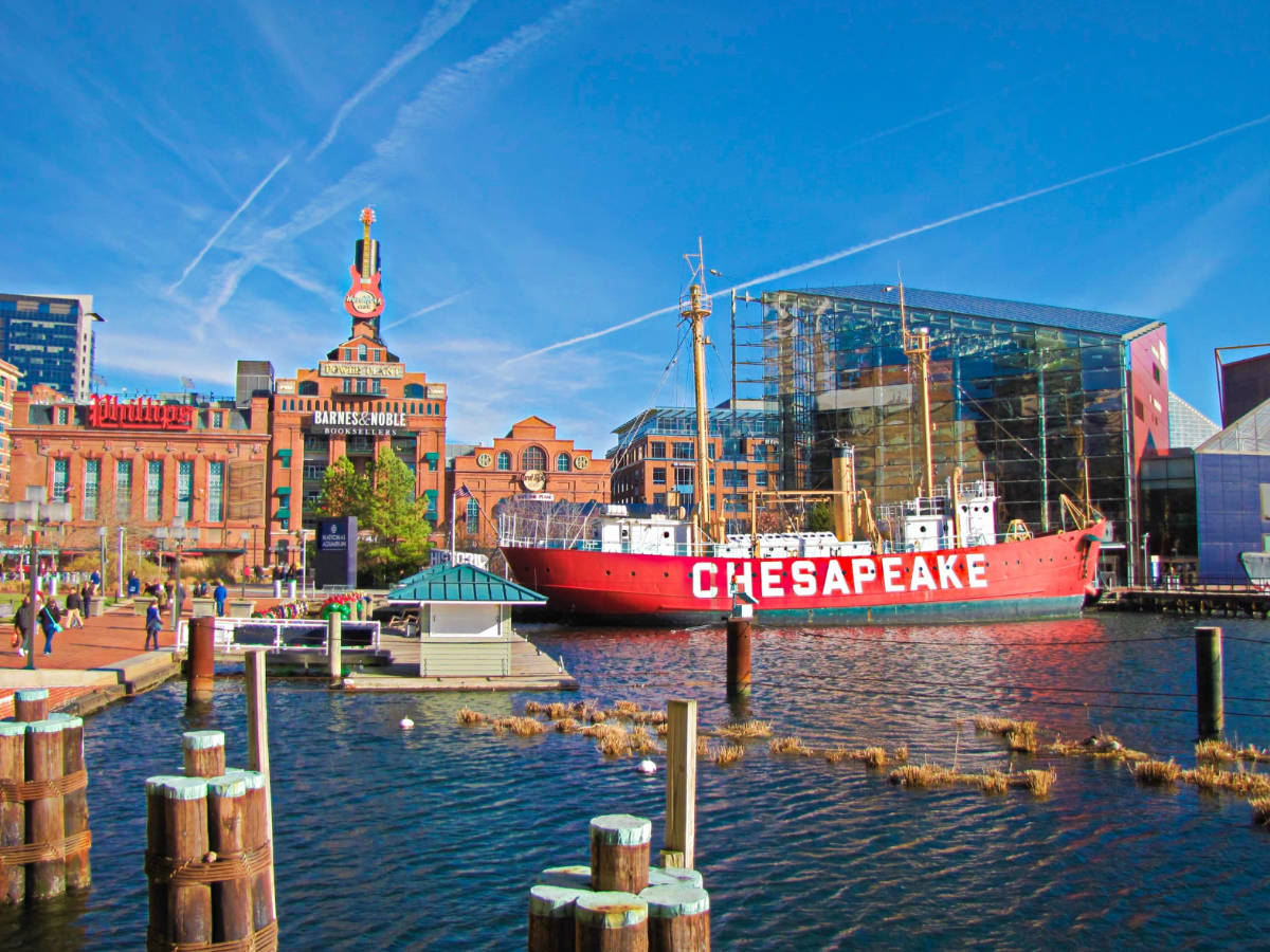Clear blue sky over the waterfront in Baltimore