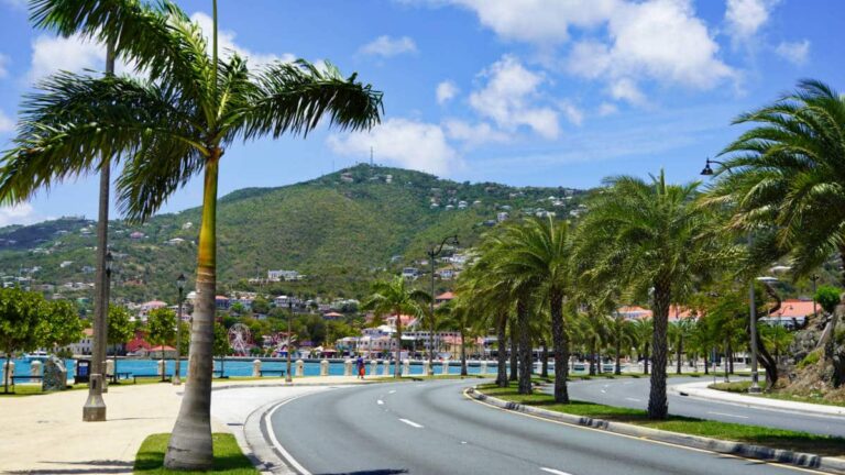 Scenic view of the waterfront from the road in Charlotte Amalie