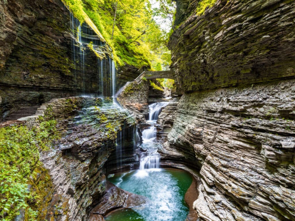 View of the beautiful Rainbow Falls of Watkins Glen State Park