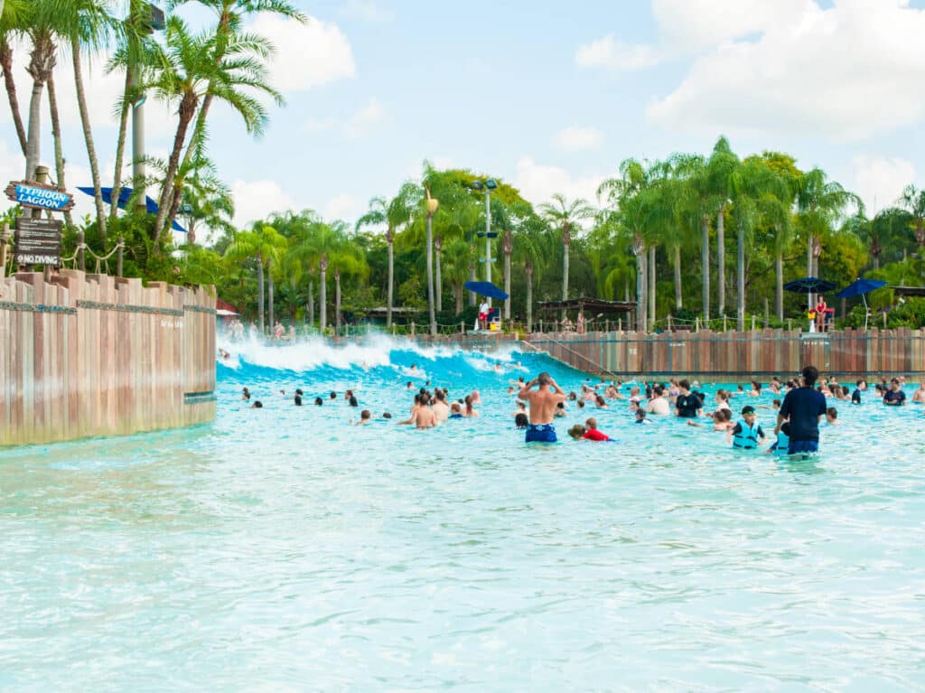 View of the people enjoying the wave pool at Disney’s Typhoon Lagoon Water Park