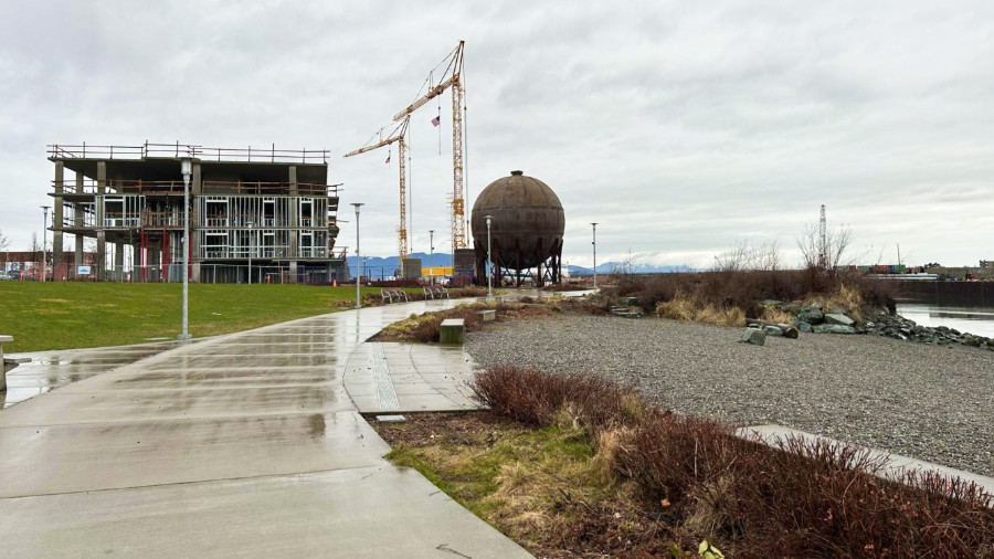 View of the Way Point Park and the Acid Ball from a distance on a cloudy day