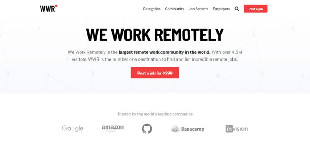 View of the homepage of We Work Remotely
