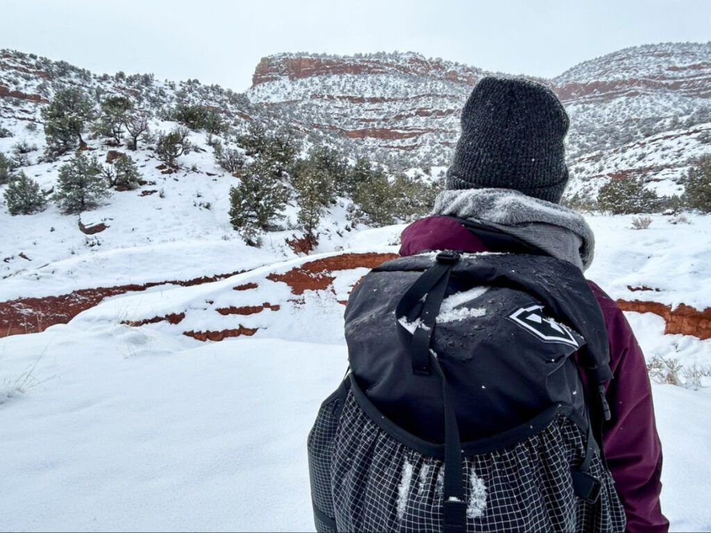 Closeup view of the Hyperlite Mountain Gear Southwest Backpack being used on a snowy day