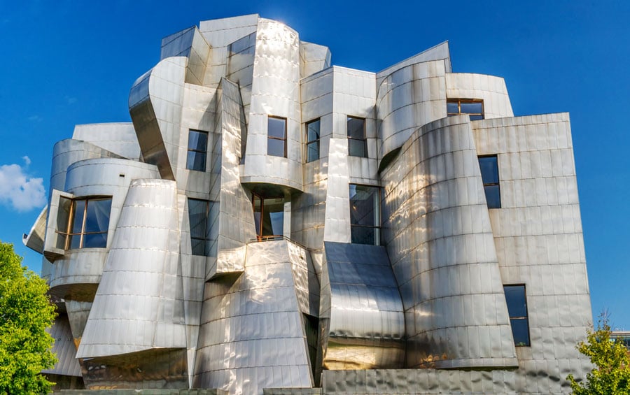 View of the abstract exterior of Weisman Art Museum