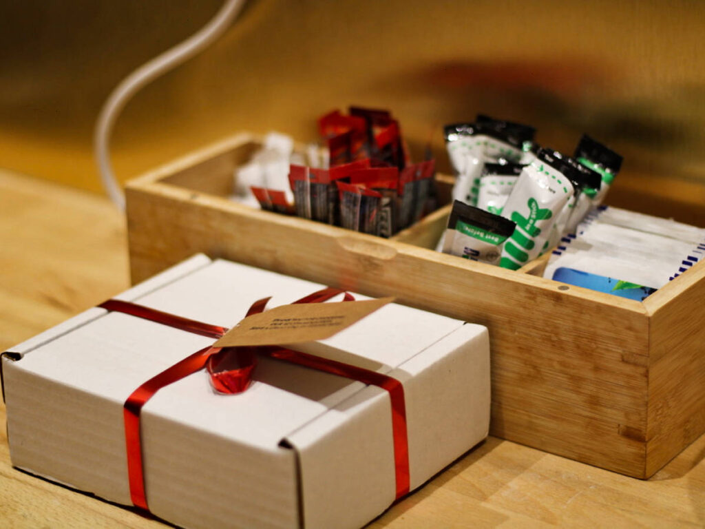 A welcome gift with complimentary coffee and tea sachets