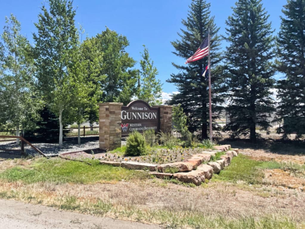 View of the welcome sign at the entrance of Gunnison