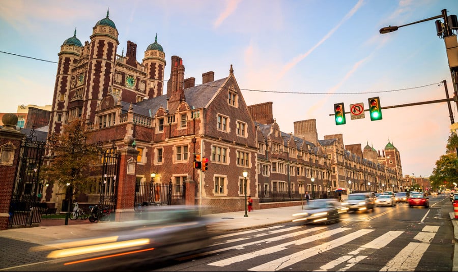 Exterior view of The University of Pennsylvania from across the street at night