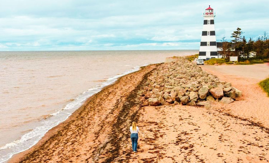 Aerial view of the author on the beach with the West Point Lighthouse