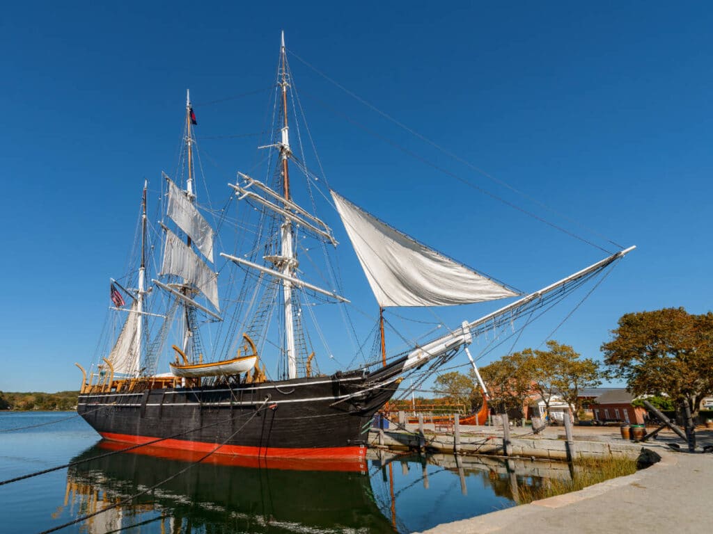 Clear blue sky over the Charles W. Morgan The Last Wooden Whaleship