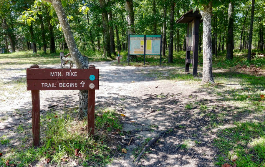 A biking trail signage at the Wharton State Forest