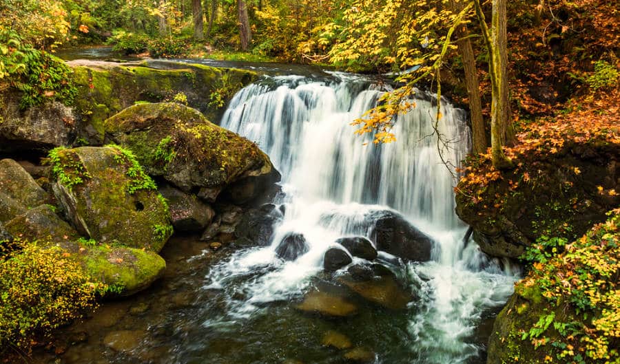 A small but spectacular Whatcom Falls during the sunset of the autumn season
