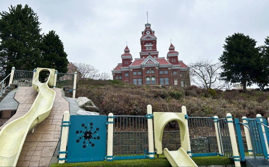 View of the playground and the Whatcom Museum in the background at the Maritime Heritage Park