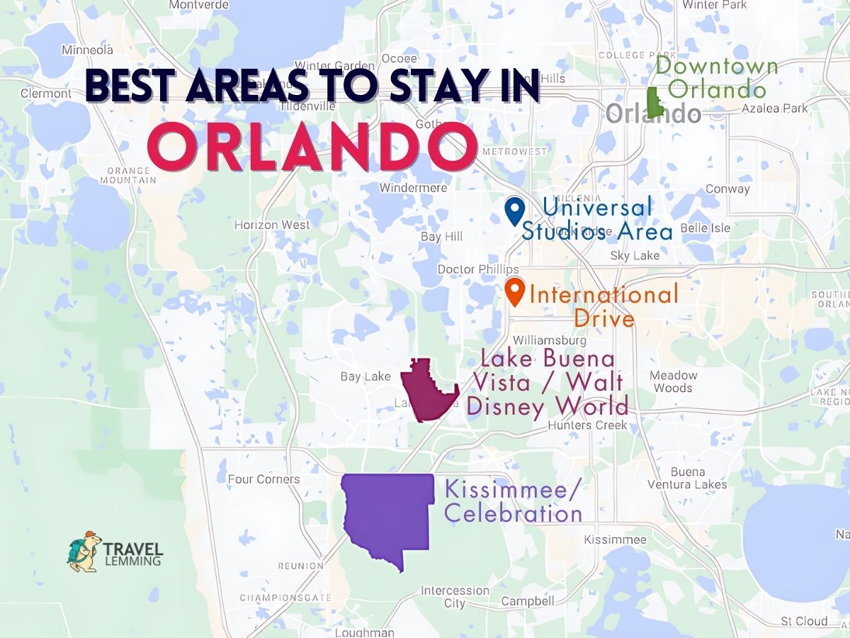 A graphic map that shows the best areas to stay in Orlando