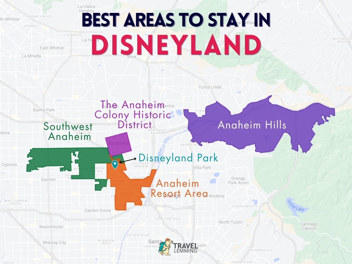 A graphic map that shows the best areas to stay in Disneyland