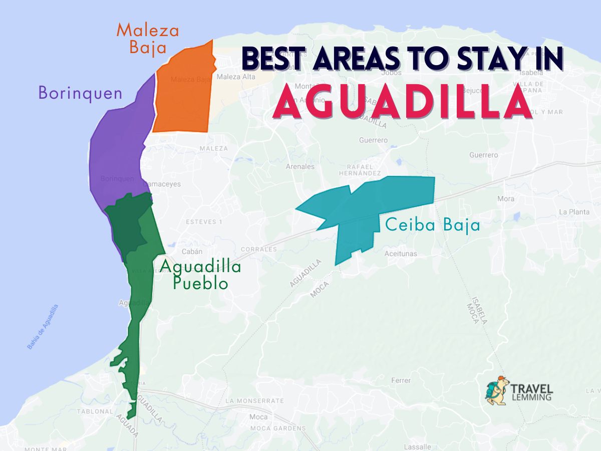 A graphic map that shows the best areas to stay in Aguadilla