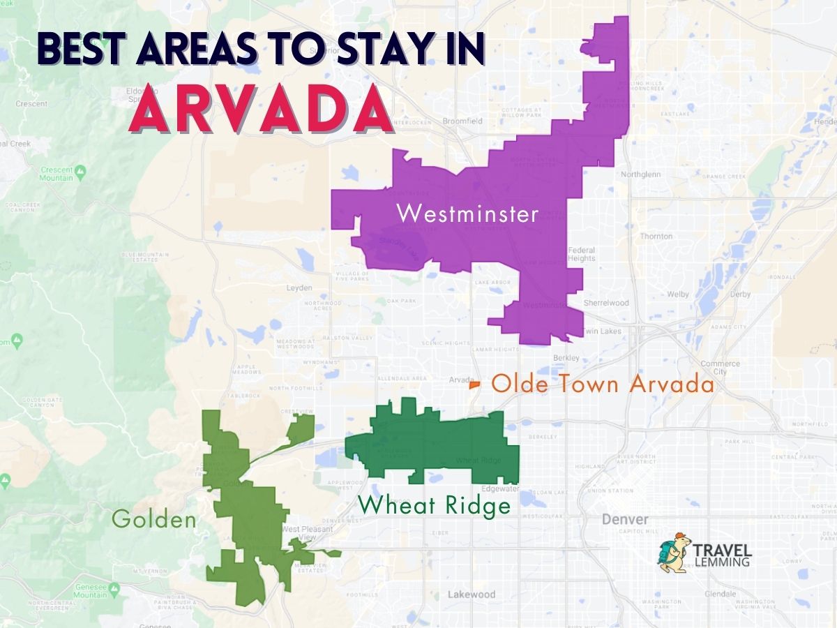 A graphic map that shows the best areas to stay in Arvada