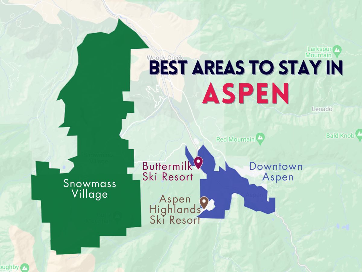 A graphic map that shows the best areas to stay in Aspen, Colorado