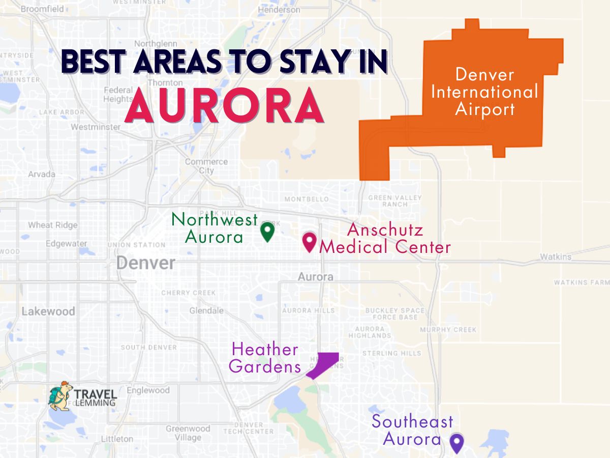 A graphic map that shows the best areas to stay in Aurora
