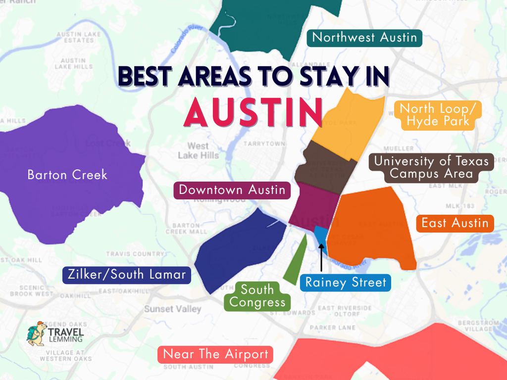 A graphic map that shows the best areas to stay in Austin