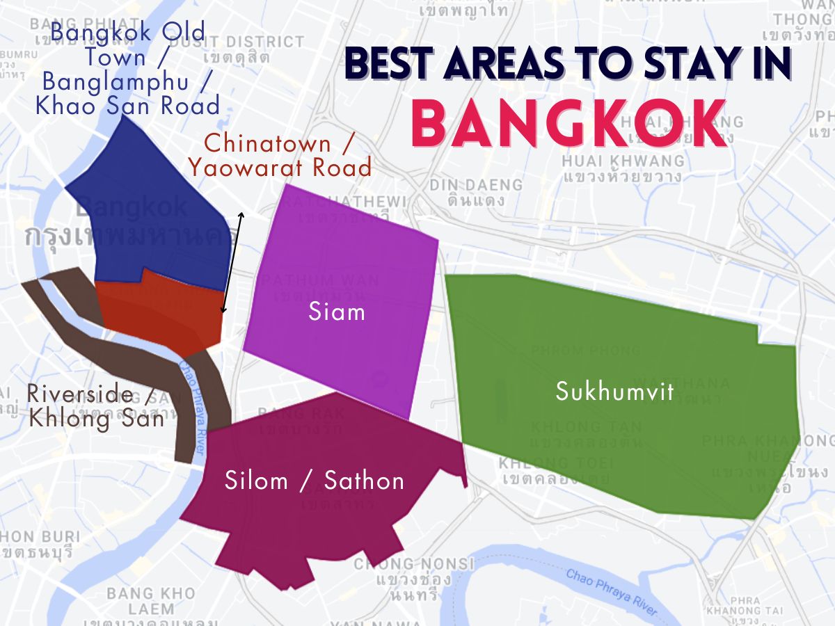 A graphic map that shows the best areas to stay in Bangkok