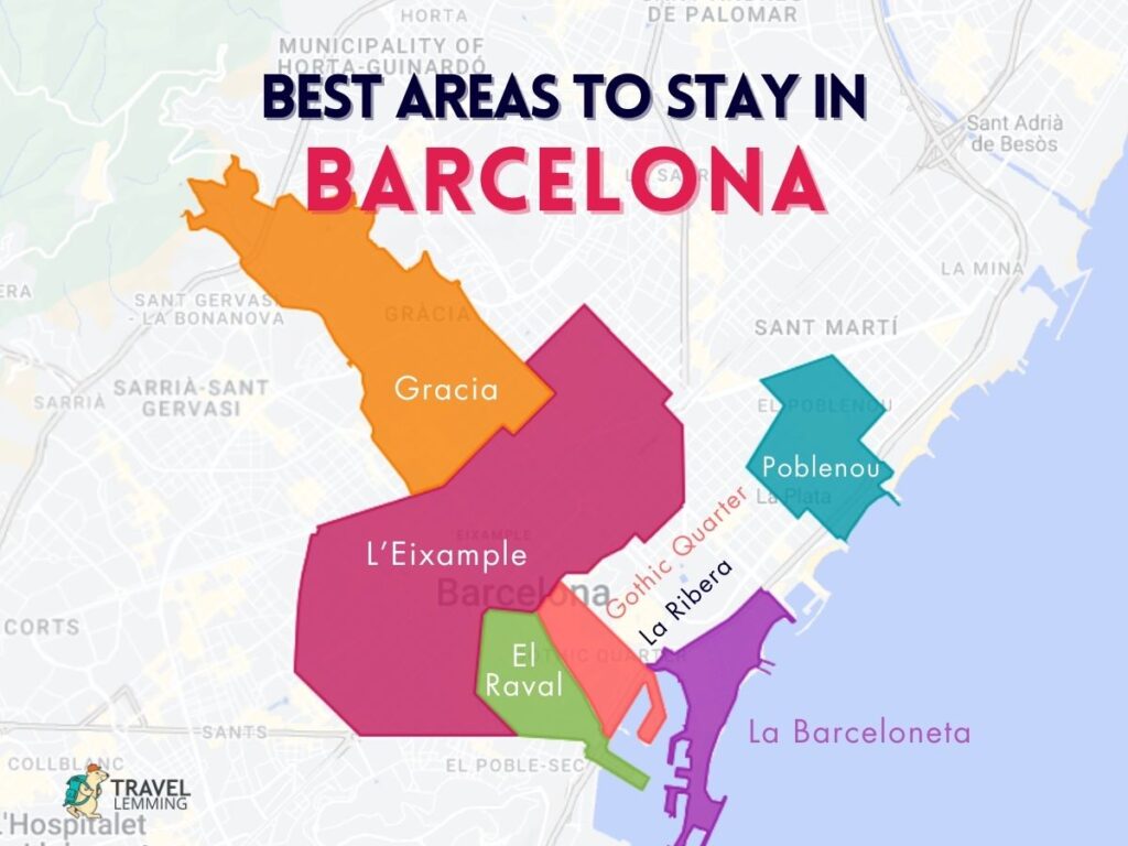 A graphic map that shows the best areas to stay in Barcelona