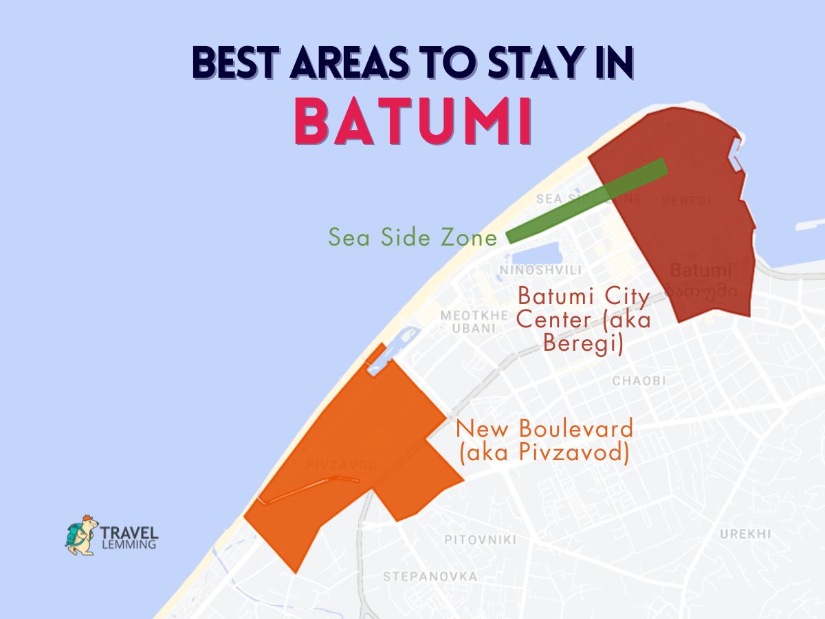 A graphic map that shows the best areas to stay in Batumi