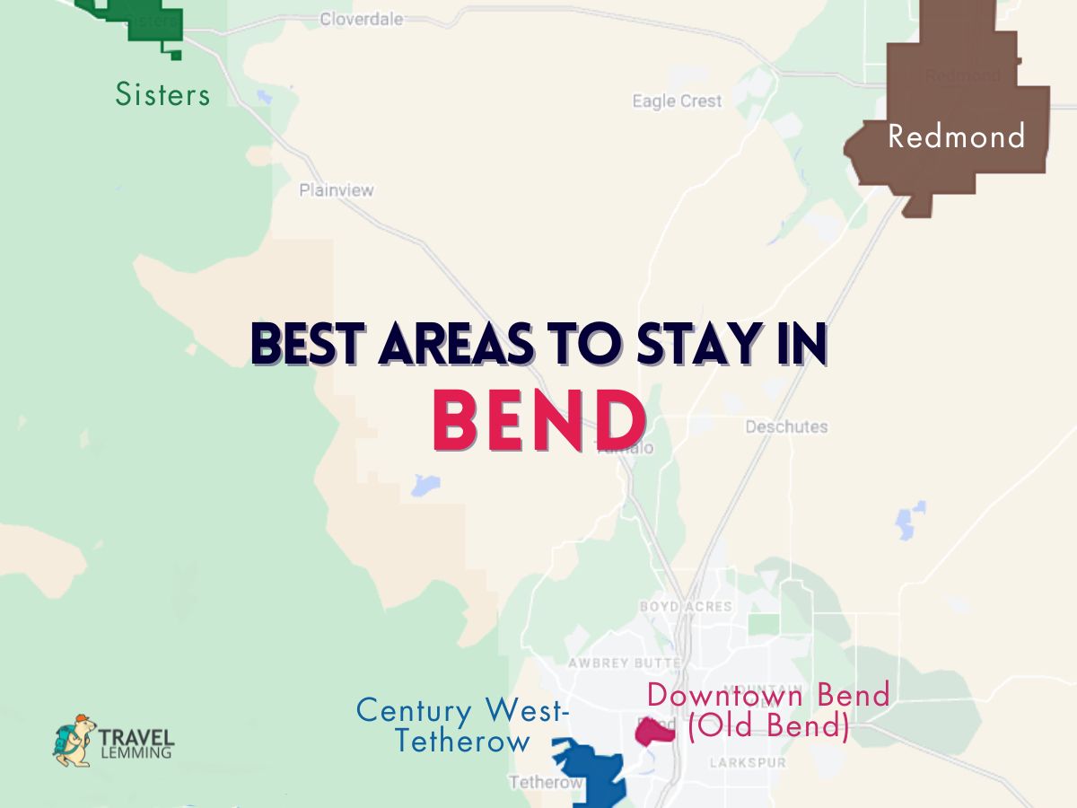 A graphic map that shows the best areas to stay in Bend, Oregon