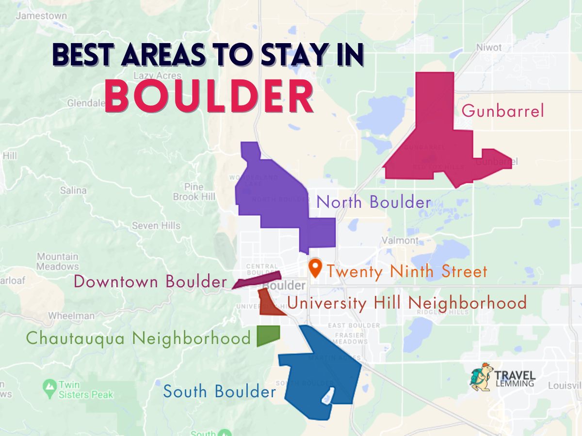 A graphic map that shows the best areas to stay in Boulder