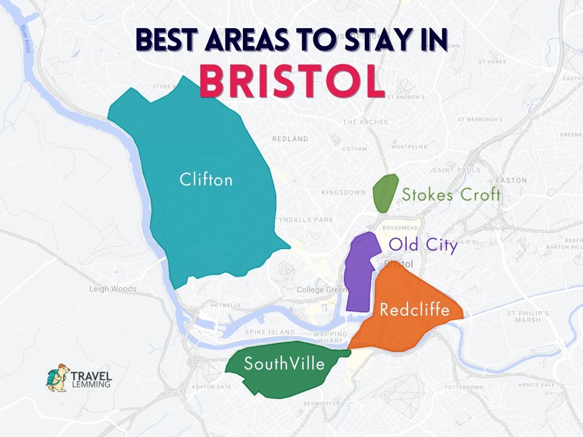 A graphic map that shows the best areas to stay in Bristol