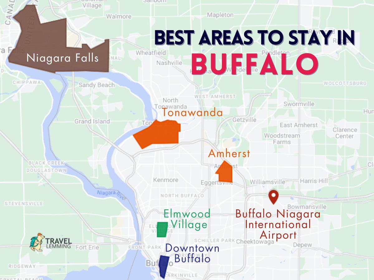 A graphic map that shows the best areas to stay in Buffalo
