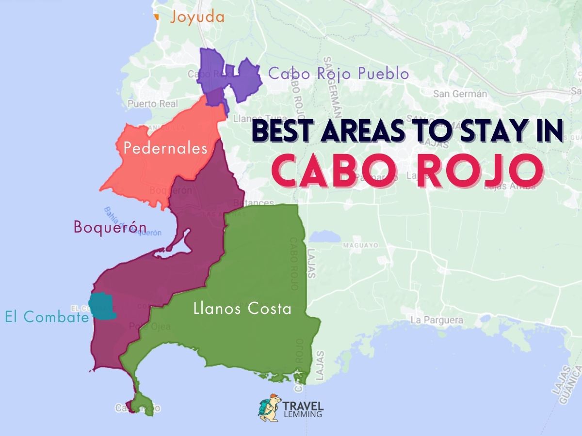 A graphic map that shows the best areas to stay in Cabo Rojo